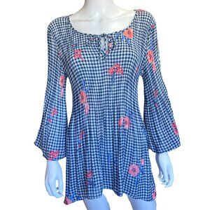 Melissa Paige Blue & White Gingham Floral Bell Sleeve Tunic Keyhole Neckline XL